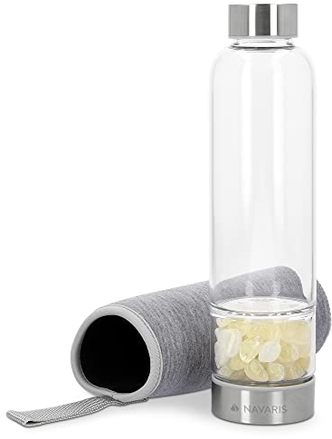 Navaris Botella de Cristal con Piedras - Botella de Agua con Cuarzo Citrino Natural - Cantimplora de Vidrio de 420 ml con Piedras curativas y Funda