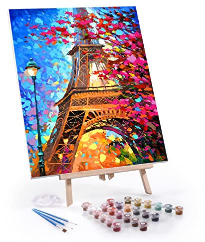 digitCUBE Malen nach Zahlen Set 40x50cm auf Rahmen mit Staffelei (Eiffelturm mit Staffelei, 40x50cm)