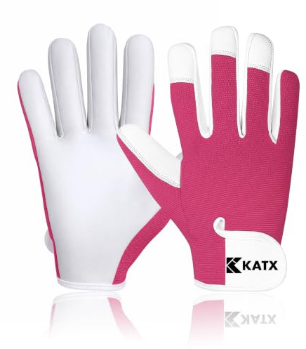 Katx WFX Guantes de jardinería de Cuero Mujeres y Hombres - Guantes de jardín Multiusos a Prueba de Espinas - Regalos de jardinería Ideales para Mujeres y Hombres (Pink, L)