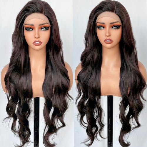 SOKU Long Wave Lace Front Perücke, synthetisches Haar, 76 cm, dunkelbraun, seitlicher Teil Perücke, gewellt, mit Schweizer Spitze, transparent, natürliche Welle, Perücken für Damen