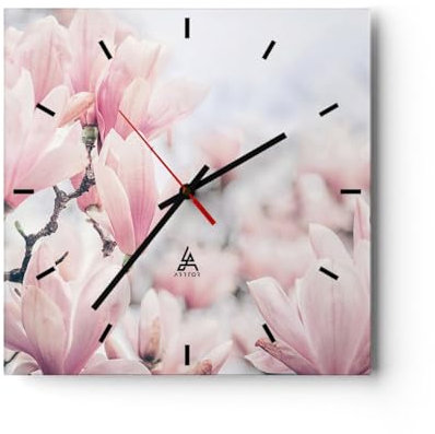 Modern Wanduhr Magnolie Blumen Rosa 40x40cm Quadrat Groß Wand Uhr Glas Analog Zimmeruhren Küche Büro Wohnzimmer Glasuhr Wall Clock Dekoration Design Wanddekoration Küchenuhr C3AC40x40-4396