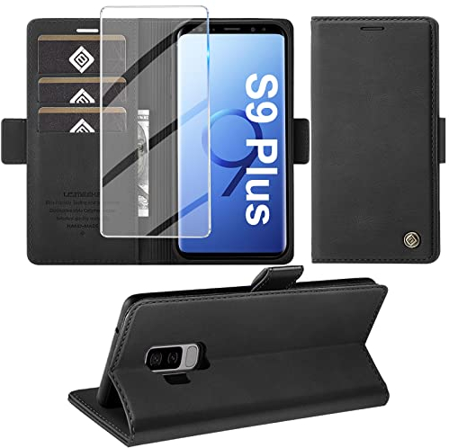 Handyhülle für Samsung Galaxy S9 Plus Hülle mit Schutzfolie, Schutzhülle Galaxy S9 Plus Standfunktion Premium Leder Wallet Silikon Phone Case Cover Hüllen S9 Plus Klapphüllen (Schwarz)