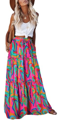 EARKOHA Langer Maxirock für Damen, hohe Taille, Paisleymuster, mit Taschen, Mehrfarbig, Mittel