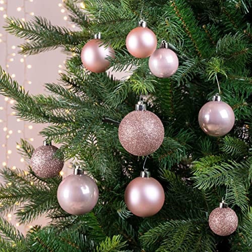 Pack Of 30 Blush Pink Christmas Tree Baubles Rose Gold Shatterproof Tree Decorations Glitter Shiny Mix Ornaments