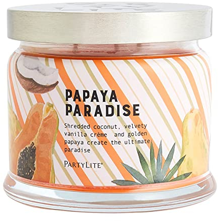 PartyLite Papaya Paradise 3-Docht-Kerze mit fruchtigem Duft von Papaya, Kokosnuss und Vanille - Brenndauer 25-45 Stunden - Glastopf, Wachs, Metalldeckel - 9 cm hoch, 11 cm breit