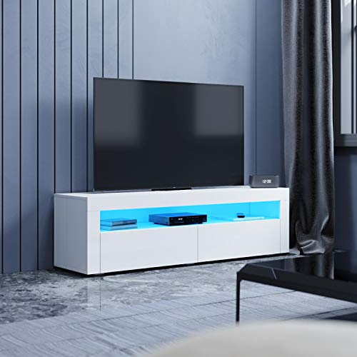 SUNXURY TV Schrank mit LED-Leuchten Lowboard Hochglanz Fernsehschrank Fernsehtisch Sideboard TV Möbel Tisch Board mit Schubladen Holz 155 x 40 x 45 cm