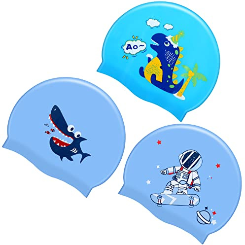 3 Pieces Kids Swim Caps Toddlers Swimming Caps Silicone Swim Cap for Boys Girls (Age 4-12) Baby Waterproof Cartoon Bathing Hats for Long and Short Hair (Boy Style)