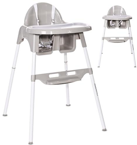 Lorelli Kinderstuhl Amaro, Hochstuhl für Babys, Kinderhochstuhl, sicherer und bequemer Babyhochstuhl, abnehmbarer Doppeltablett, 2-stufige Höhenverstellung, hellgrau
