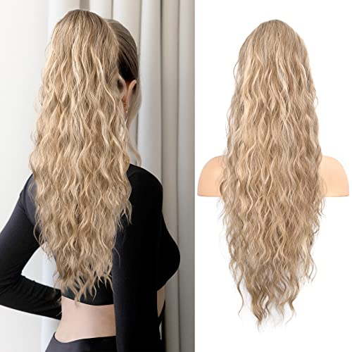 Flufymooz Ponytail Extension Pferdeschwanzverlängerung, 66 cm Pferdeschwanz mit Kordelzug Haarverlängerungen, Lockiger Pferdeschwanz Synthetisches Haarteil für Damen (Dunkles Aschblond)