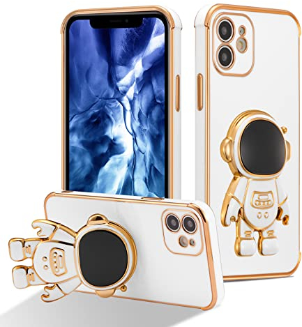 RALEAVO Compatible with iPhone 12 (6.1) Case with Cute Astronaut Kickstand Design Shockproof Plating Phone Case for iPhone 12-White