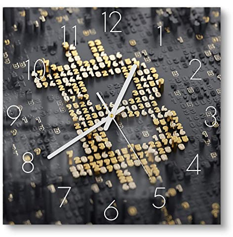 DEQORI Glasuhr | 30x30 cm | Motiv Bitcoin Währungszeichen | ausgefallene leise Design Uhr aus Glas | Wanduhr für Wohnzimmer & Küche | Moderne Hingucker Uhr für die Wand