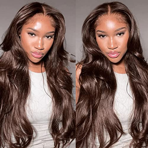 X-Tress 13x4x1 Perruque Brune Lace Front Synthétique Perruque Ondulée Body Wave Lace Front Wig Nylon Highlight Brown Wig 26 inch T Part avec Raie au Milieu(Brown)
