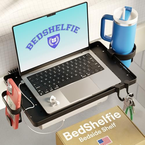 BedShelfie Regal für Bett & Oberbett, Essentials für Universitätszimmer, Mezzanine-Zubehör, Nachttisch, Clip-on, schwimmendes Regal (Modelle Room Essential, Schwarz, Kunststoff)