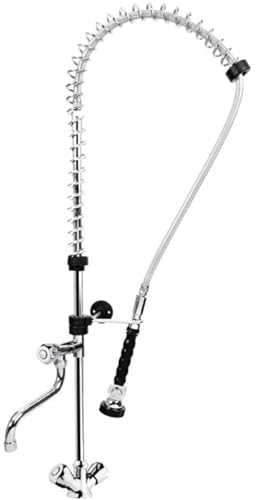 Robinet de Cuisine Industriel Monotrou en Laiton Chromé – Bec Orientable et Douchette Professionnelle – Fixations Murales Incluses – Tubes de Raccordement 40 cm – Acier Durable Résistant