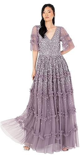 Maya Deluxe Women's Women's Maxi Dress Ladies V-Neck Sequin Embellished Ruffle Detail for Wedding Guest Bridesmaid Prom Occasion Ball Gown Dress (Pack of 1)