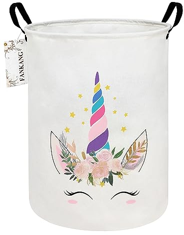FANKANG Laundry Hamper Storage Bins Nursery Hamper Canvas Foldable with Waterproof PE Coating Storage Baskets for Kids Toys Room, Nursery, Home,Gift Basket(Round Rose Unicorn)