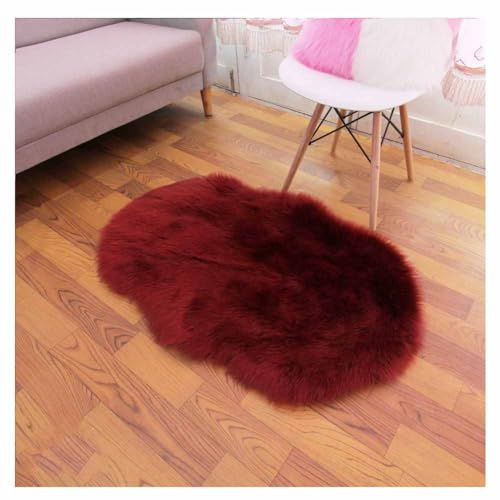 SHTGOI Kunstfell Teppich Plüsch Lammfellimitat Teppich Faux Fell Bettvorleger mit Anti-Rutsch Hirschleder-Samt Wollteppich Flauschige Sofa Matte für Wohnzimmer,Schlafzimmer 50 * 80cm Weinrot