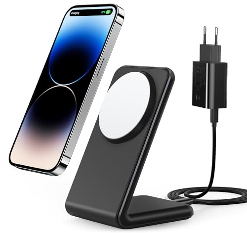 Meifigno Wireless Charger Stand für iPhone 16/15/14/13/12 Serie, Schnellladen mit 20W PD USB-C Adapter & Ladekabel Mag Safe Ladegerät für iPhone 16 15 14 13 12 Pro Max Plus Mini, Schwarz