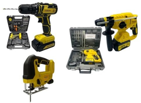 Nemura Pack 3 outils Perceuse, Perforateur, Scie Sauteuse 20V + 3 batteries + Chargeur - Revêtement Softgrip - Marque française spécialisée dans les outils de jardinage et de bricolage