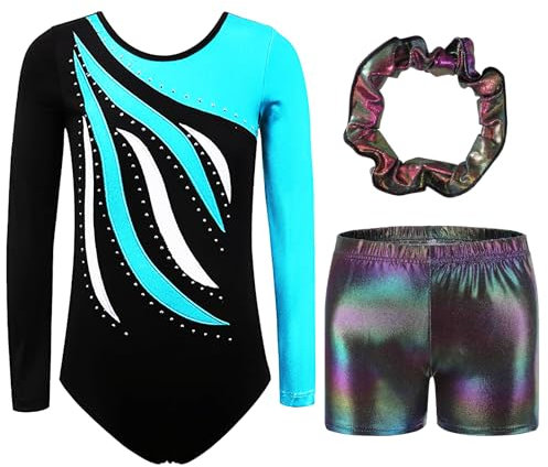 FINGER TEN Gymnastikanzug Mädchen Kurzarm Langarm Kinder Ballettanzug Gymnastik Training Gymnastikbody Trikotanzug Tanz Kleid (Grün, Tag 6A (5-6 Jahre))
