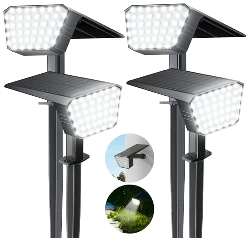 FIFlying Luces Solares LED Exterior Jardin, 4 Piezas 44 LED Focos LED Exterior Solares, 3 Modos Impermeable IP65 Luz Solar Exterior para Jardín, Patio, Piscina, Césped, Calzada (Blanco Frio)