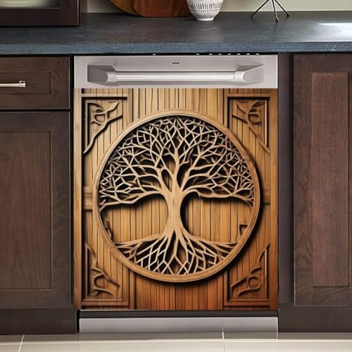 MLGB Kühlschrank-Magnet-Aufkleber, Retro-Scheunentür, Geschirrspüler, Küche, dekorativer Baum des Lebens, Vinyl, Kühlschrank-Aufkleber, Holztür, Geschirrspüler-Abdeckung, 58,4 x 66 cm, magnetisch