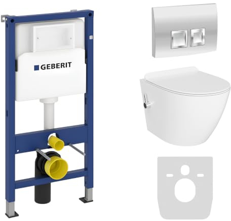Lavita Duofix Basic Vorwandelement + Wand Tiefspül WC Salto Weiß Spülrandlos + WC Sitz + Bedienplatte Delta 25 Verchromt Knopf Komplettset Unterputz Spülkasten Toilette Komplett Sett + WC