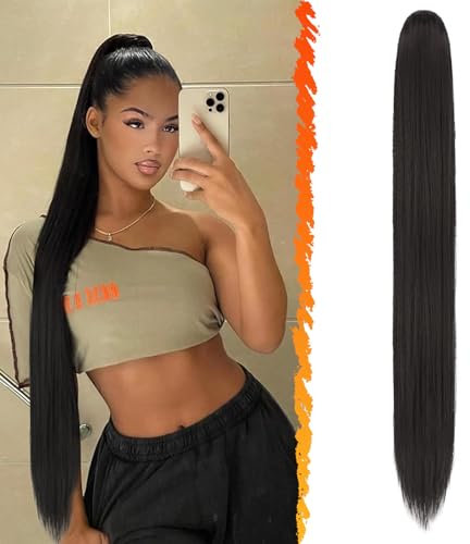BARSDAR Lang Glattes Pferdeschwanz Verlängerung, 86CM Kordelzug Schwarz Braun Zopf Pferdeschwanz Haarverlängerungen Synthetik Pferdeschwanz Haarteil Clip Pferdeschwanz für Damen (Schwarz Braun)