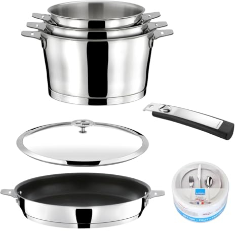 CUISINOX - Eclipse - Lot 6 pièces - 3 casseroles 16/18/20 cm, 1 poêle 24 cm, 1 poignée amovible, 1 pierre d'argent® - Fond encapsulé - Compatible tous feux - Acier Inoxydable 18/10 - Finition miroir