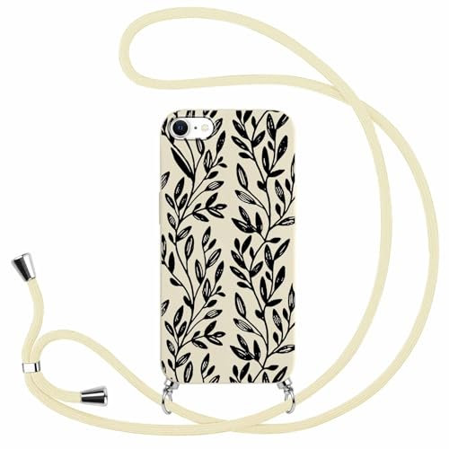 ZhuoFan Funda con Cuerda para iPhone 8/7 / SE 2020/2022 4,7 Carcasa Beige Silicona Dibujos con Correa Colgante Ajustable Collar de Cuello Cadena Cordón Case Fina Suave TPU Anti-Choques Caso, Hojas
