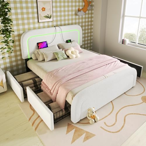 Rtopsu Polsterbett Doppelbett 140x200 cm mit LED-Beleuchtung und USB-Typ-C Kopfteil, Bett mit 4 Stauraum Schubladen, Metallbettgestell mit Lattenrost aus Holz, Sherpa, Weiß, Ohne Matratze