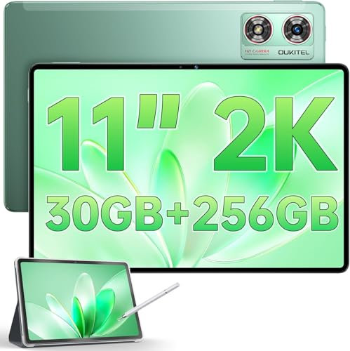 OUKITEL OT8 Tablet con Lapiz - 30GB+256GB(1TB TF), Pantalla 2K Tablet PC con Funda,11 Pulgadas, Batería 8800mAh, 2-Altavoces Android 14 Tables, GMS,Widevine L1,Dual Sim,Jack de 3.5 mm - Verde