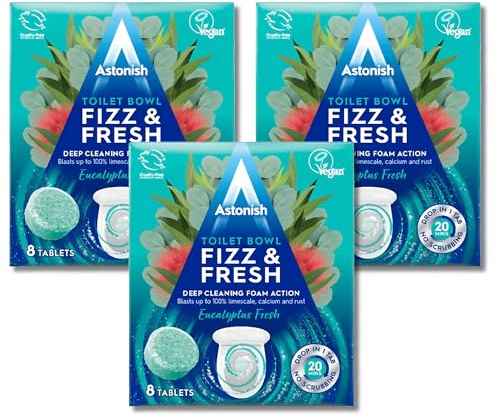 Astonish Fizz and Fresh Toilet Bowl Tablets, Eucalyptus Fresh - Pack of 3, (8 Tablets per Pack), Effervescent Cleaning and Deodorizing Solution for Sparkling Clean and Fresh-Scented Toilets
