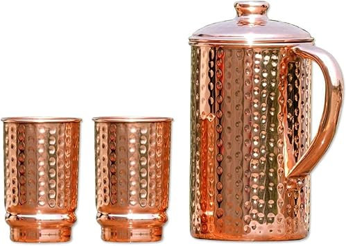 Pichet en cuivre et lot de 2 gobelets pour la santé ayurveda | Carafe à eau en cuivre pur martelé avec 2 gobelets en cuivre martelé