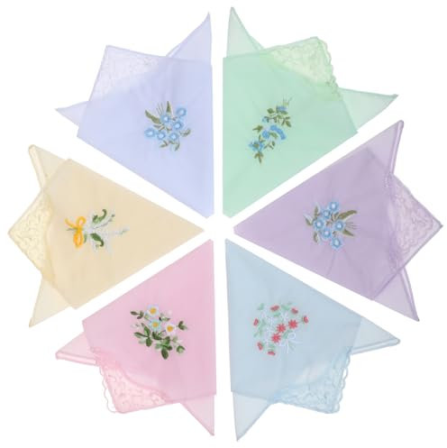 JJUNW 6 Stück Stoff Taschentücher, Stofftaschentücher Damen, Florales Spitzen-Taschentuch Baumwolle Stofftaschentücher Wiederverwendbar Bestickte Taschentücher für Hochzeitsfeier Geschenk(Stil B)