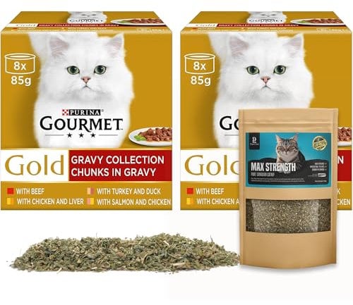 Gourmet Wet Cat Food Bundle | Chunks in Gravy Collection - Pack of 2 | 16 x 85g Tins + Pure Max Strength Canadian Catnip, for Happy, Healthy Cats