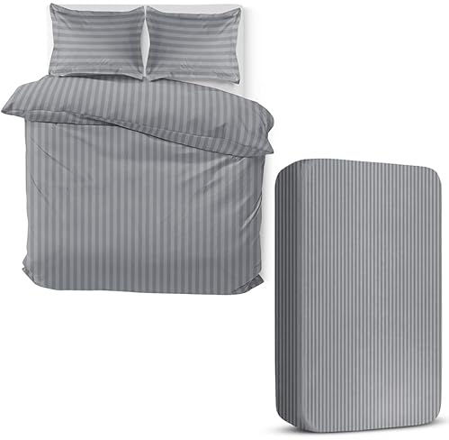 MOONLIGHT20015 4 Piece Super King Bedding Set Satin Stripes Duvet Cover Fitted Sheet with Pillow cases Hotel Quality Soft Brushed Microfiber Grey