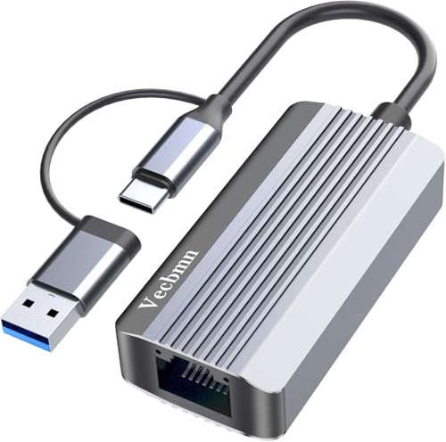Vecbmn Adaptateur USB Ethernet, 2-en-1 Adaptateur USB 3.0 et U-S-B C vers RJ45 Réseau LAN, RJ45 10/100/1000 Gigabit LAN Adapter Compatible pour MacBook, Windows, Linux, Laptop, iPad, iPhone