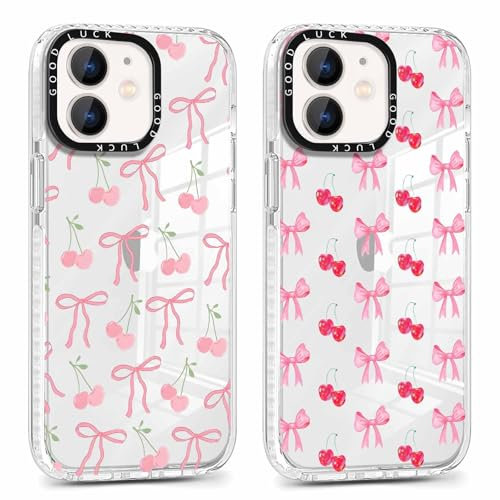 Phoona 2 packs Phone Case for iPhone 12 mini 5,4'', Cute Clear Transparent Cover with Bow Cherries Pattern Aesthetics Design, Soft Shockproof Protective Slim Funda for Women Girls
