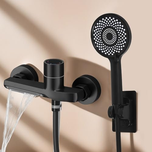 Eumatenova Mischbatterie Badewanne Wasserhahn, Badewannenarmatur mit Handbrause, Wannenarmatur mit Brause Duschkopf 3 Funktionen, Messing Duscharmatur Wasserhahn Badewanne Set für Bad Dusche (Schwarz)