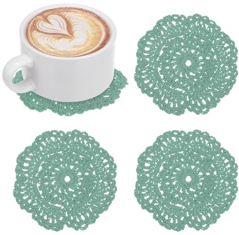 M METERXITY 4er-Pack handgemachte gehäkelte Untersetzer, 4 Zoll/10 cm runde Baumwoll-Tischsets für Tisch/Tasse/Schüssel/Vase/Teetabletts/Heimdekoration, Spitzen-Deckchen-Platzsets [Cyan]