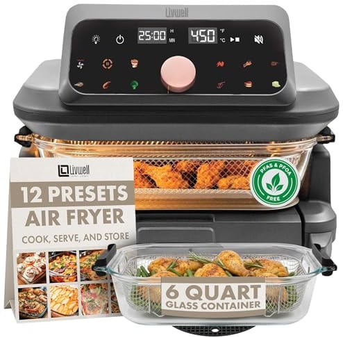 LIVWELL Livwell Air Fryer with 6 Liter Glass Container, Removable Drawer and Lid - Kitchen Gift - Pfoa & Pfa Free, 12 Presets, Dishwasher Safe, Meal