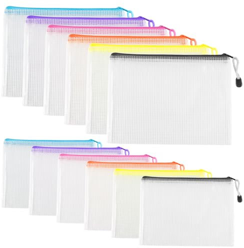 12 Stück A4 A5 Dokumententasche mit Reißverschlusstasche zum Abheften, Wasserdichte Dokumententaschen Kunststoff Zipper Sortierbeutel für Reise Schule Kosmetik Papier Datei Tasche(6 Farben)