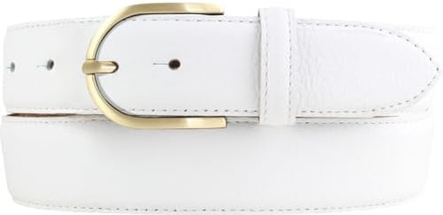 Italienischer Damen-Gürtel, 35 mm breit, Damen, Chinogürtel, Hosengürtel, strukturiertes Leder, Schließe Gold | Weiß 80cm