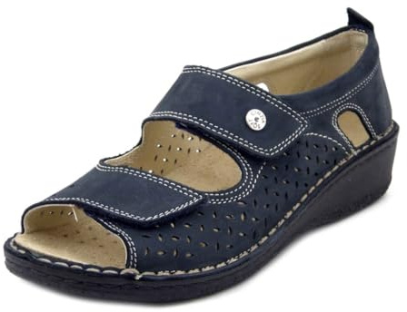 Cinzia Soft Sandali Donna con Tallone Chiuso in Pelle Blu con Doppio Strap, Linea Ortopedica, Pianta Larga e Plantare Estraibile, Zeppa Bassa, 2818