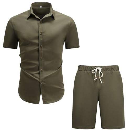 Allthemen Chemise Ensemble Homme Manche Courte Shirt et Short Tenues D'été | Coupe Droite,Col Revers Bouton,Ensemble De 2 Pièces En Lin,Casual Tenue Hawaïenne,Légère Respirant,Quotidien Et Les Vacances
