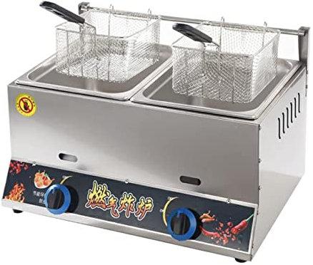 HMASNSEIY Friteuse à gaz Professionnelle en Bouteille de 20 litres Plan de Travail léger en Acier Inoxydable Allumage électronique Antidérapant Économie d'énergie (Double friteuse)