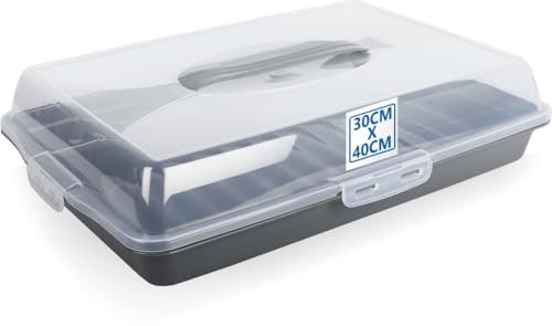 Stimo Kuchen Transportbox mit Tragegriff Deckel Kuchenbehälter Blechkuchen Container mit Klickverschluss (Grau)