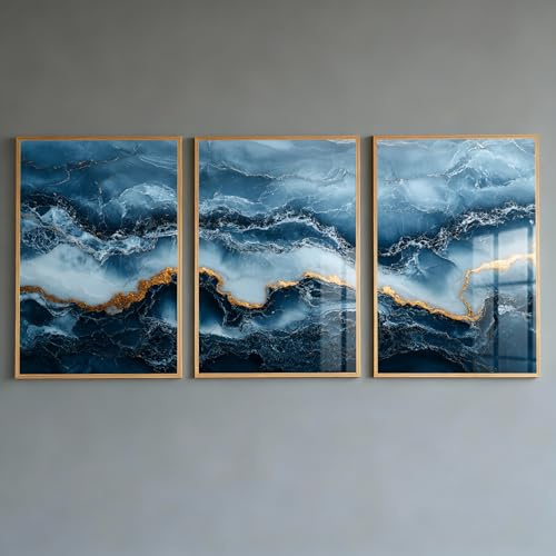 PWAAHDC Navy Blau und Gold Wandkunst 3er Set - Abstrakte Marmor Poster für Wohnzimmer, Schlafzimmer, Badezimmer & Flur - Moderne blaue ästhetische Drucke (ungerahmt 50x70cm)