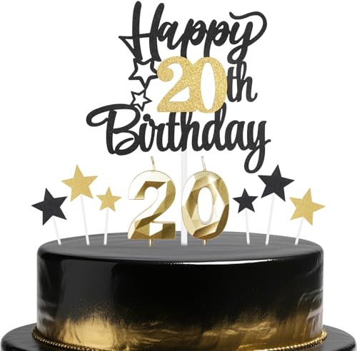 Black Gold 20th Birthday Candles Cake Toppers Set,20th Birthday Decorations for Boy,Golden Number 20 Candle for Cake,Gold Candle Black Star Cupcake Toppers for Girls Boys Birthday Party Supplies